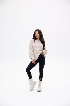 Sweter merino BELLE jasnobeżowy, okrągły dekolt, długie rękawy