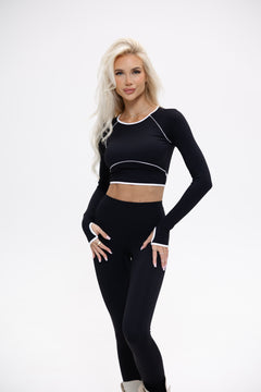 Czarny sportowy longsleeve MOVEN Noir z długim rękawem, krótszy przód i białe lamówki