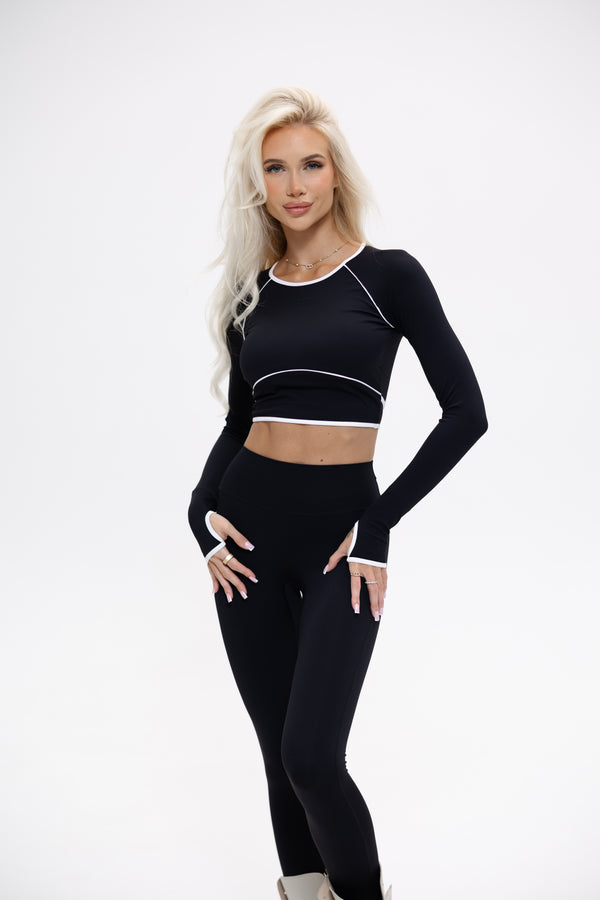 Czarny sportowy longsleeve MOVEN Noir z długim rękawem, krótszy przód i białe lamówki
